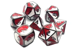 Old School 7 piece DnD RPG Dice Set: Dragon Forged - Red and White with Black Nickel